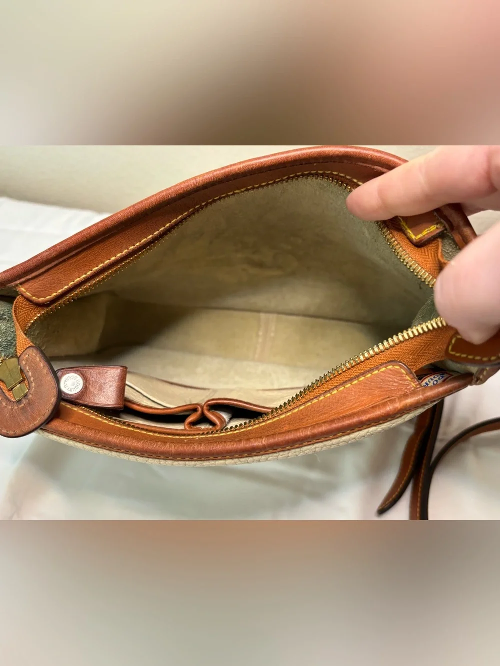Vintage Dooney & Bourke Suede Interior Cream and Brown Pebble Leather Crossbody